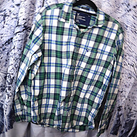 PLAID BUTTONDOWN L AEO Athletic Fit Spring Blue Green White Picnic Classic Basic - Picture 2 of 9